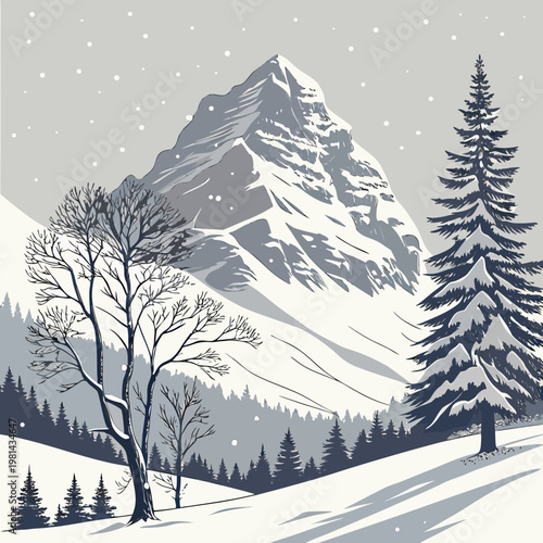 Snowy mountain landscape with trees