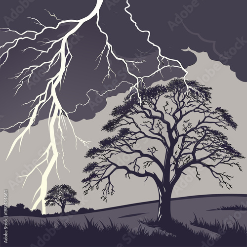A tree on a hill during a lightning storm