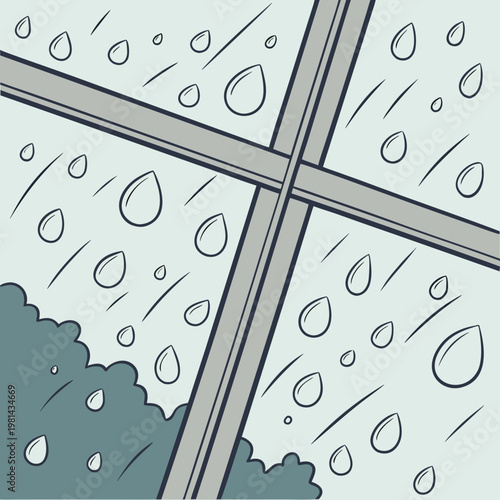 Rainy window with raindrops on a cloudy day