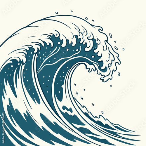 A large wave crashes with white and blue water