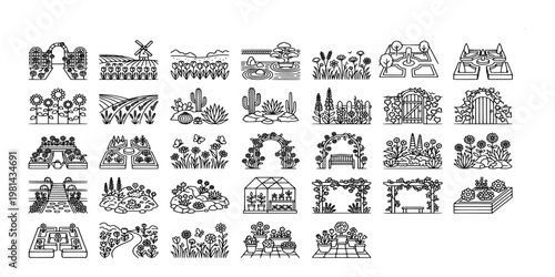 icon set collection of garden landscapes, flower beds, greenhouses, mazes, and botanical elements for horticulture and outdoor living projects.