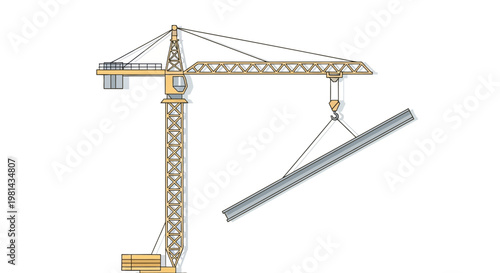 Industrial Construction Tower Crane Lifting Steel I-Beam Vector Illustration Isolated on White Background