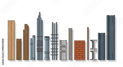 Collection of Construction Materials Illustration - Steel, Wood, Concrete, and Bricks Skyline Design on White Background