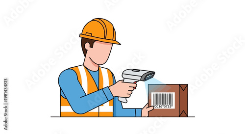 Warehouse Worker Scanning Barcode on Cardboard Box Vector Illustration for Logistics and Inventory Management