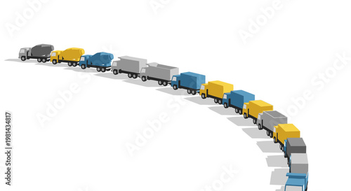 3D Low Poly Truck Convoy and Logistics Fleet on White Background - Supply Chain, Construction, and Global Distribution Concept