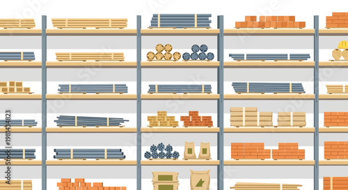 Vector Illustration of Warehouse Shelves with Construction Materials, Lumber, Bricks, Metal Pipes, and Building Supplies for Hardware Store and Logistics