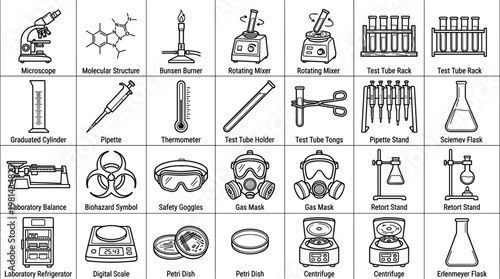 Comprehensive laboratory equipment icons set illustration with microscope burner pipette centrifuge and safety tools, scientific research and chemistry lab concept