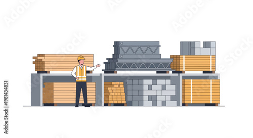 Construction Worker in Warehouse with Building Materials like Timber, Steel, and Bricks - Flat Vector Illustration for Logistics and Supply Chain Concepts