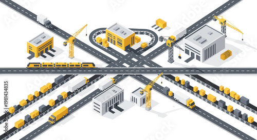 Isometric Logistics and Supply Chain Hub Illustration with Industrial Warehouse, Freight Trucks, Cargo Train, and Distribution Center Infrastructure