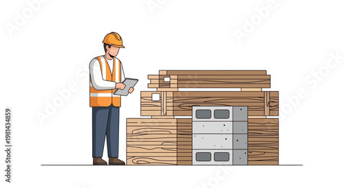 Construction Engineer Inspecting Building Materials with Digital Tablet, Timber and Cinder Blocks Flat Illustration for Project Management and Site Supervision