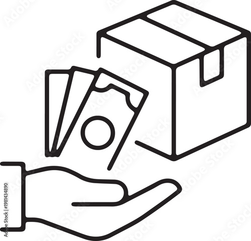 Art & Illustration, Hand holding cash bills and delivery package box icon.