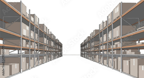 Warehouse Interior Perspective Illustration with Industrial Shelves and Cardboard Boxes for Logistics and Supply Chain Concept
