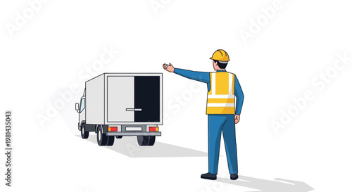 Logistics Worker in Safety Vest and Hard Hat Directing a Delivery Truck - Flat Vector Illustration of Warehouse Operations