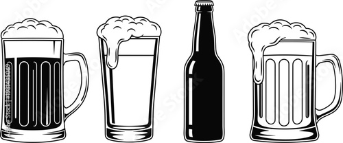 Hand drawn vector beer mugs with foam bottle of lager glass of ale brewery drink set isolated on white background.