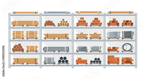 Warehouse Metal Shelving with Construction Materials, Building Supplies, Bricks, Wood and Pipes Vector Illustration