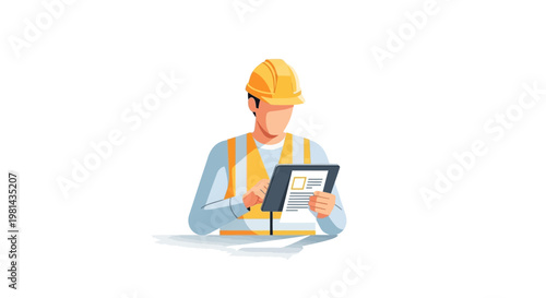 Professional Construction Worker wearing Hard Hat and Safety Vest using Digital Tablet for Site Inspection and Management - Flat Vector Illustration