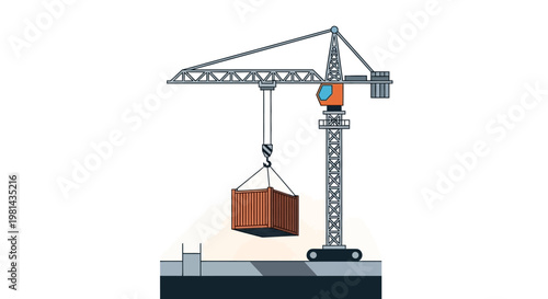 Industrial Tower Crane Lifting Shipping Container Vector Illustration