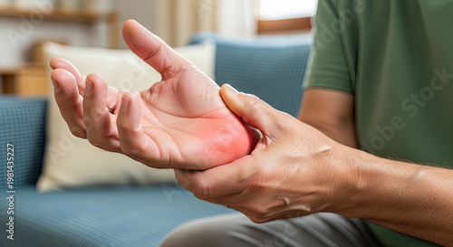 Man holds painful wrist suffering from carpal tunnel syndrome or arthritis with redness indicating inflammation and discomfort