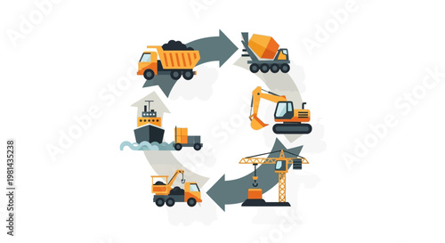 Industrial Supply Chain and Construction Lifecycle Infographic with Heavy Machinery Vectors