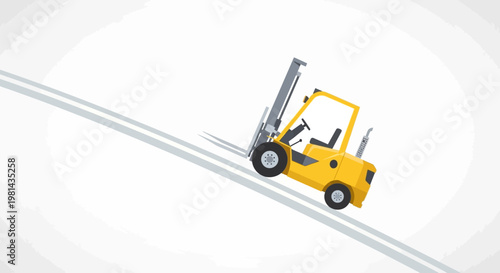 Yellow Forklift Truck Driving Upward on Inclined Ramp. Flat Vector Illustration of Industrial Warehouse Vehicle Climbing a Slope.