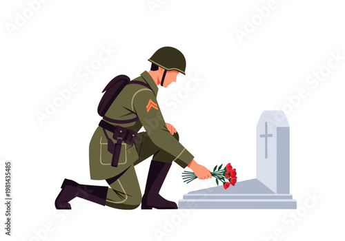 Soldier kneeling at grave site.