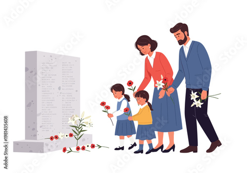 Family paying respects at memorial.