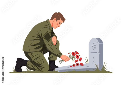 Man kneeling at grave with flowers.