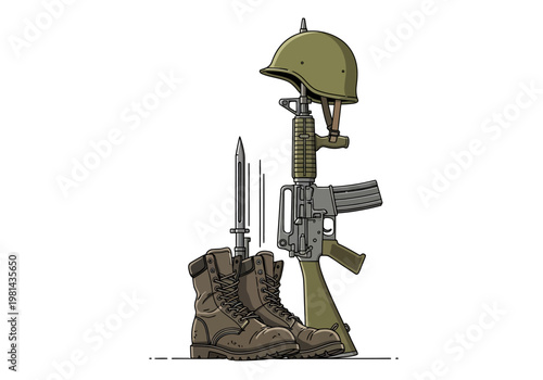 Military rifle with helmet and boots.