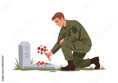 Man kneeling at grave site.
