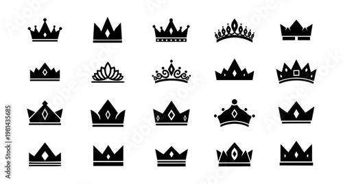 Minimal black crown silhouette vector set with modern royal symbols representing authority power and leadership icons