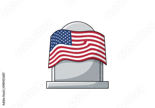 American flag draped on tombstone.