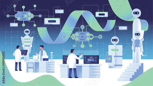 Scientists in lab coats working with humanoid robots, digital interfaces, and data flow diagrams