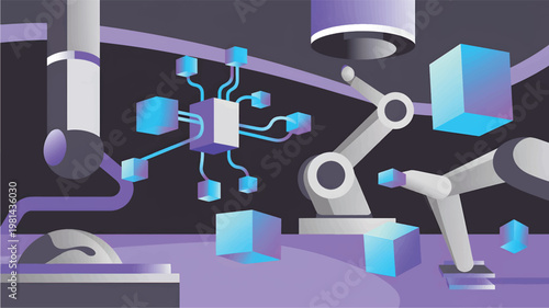 Robotic arms in a digital factory, manipulating floating blue cubes and interconnected data nodes