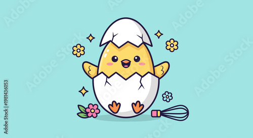 Cute chick hatching from egg in blue background.