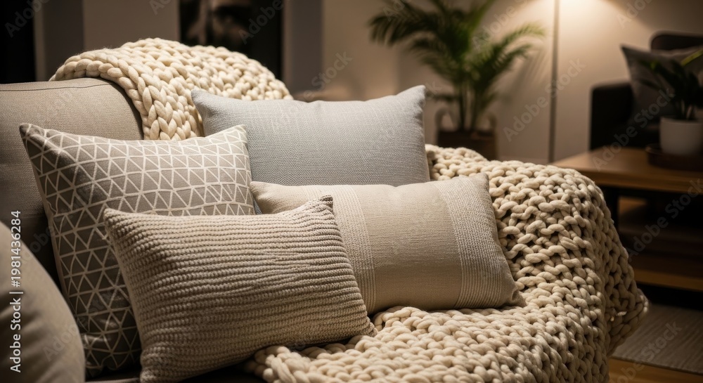 Fototapeta premium Cozy Knitted Throw Blanket Draped Artfully Over Pillows for a Comfortable Living Room Setting