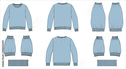 Blue Sweatshirt Technical Fashion Sketch Vector Illustration, Apparel Design Template with Front and Back Views for Clothing Manufacturing and Tech Pack Development