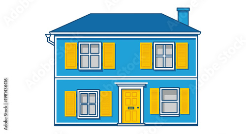 Blue Two-Story Residential House Vector Illustration, Flat Design Style Graphic for Real Estate and Property Concepts
