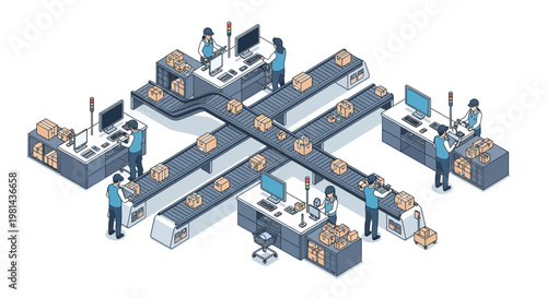 Automated warehouse logistics with conveyor belts and workers in isometric view, illustrating efficient product distribution and supply chain management