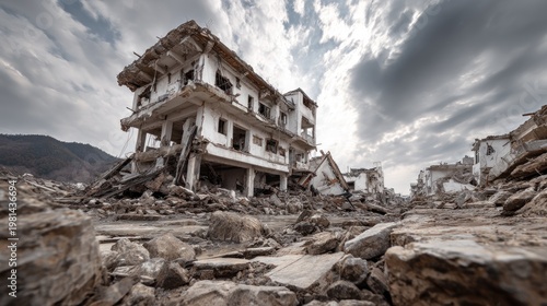 Devastating earthquake aftermath revealing crumbled buildings and cloudy sky