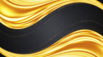 Luxurious gold silk waves on black background, elegant golden fabric flowing curves, premium metallic texture with glitter accents for gala invitations
