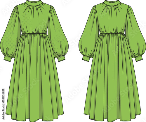 Elegant green long sleeve dress illustration, vintage style fashion garment, flowing midi outfit, feminine clothing design, modern apparel vector template
