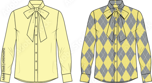 Elegant women's blouse set with bow tie collar plain and argyle pattern long sleeve fashion vector illustration isolated design stylish