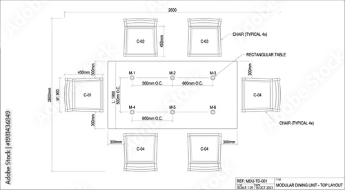 Dining table layout top view technical drawing illustration with chair arrangement, furniture plan and interior space planning concept minimal design