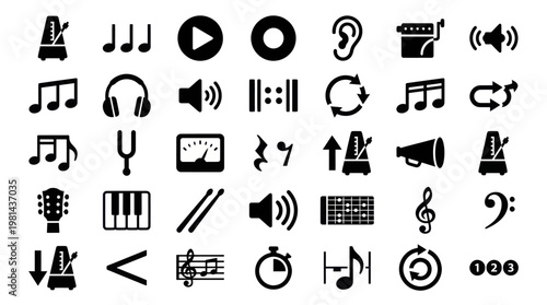 Music Audio Production Notes Equipment and Sound Interface Icon Set
