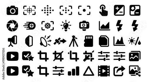 Photography Video Editing Tools and Camera Settings Vector Icon Set