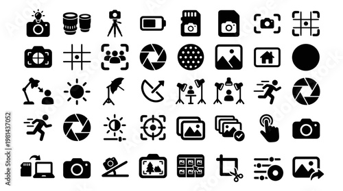 Professional Camera Equipment and Digital Imaging Photography Icon Set Collection