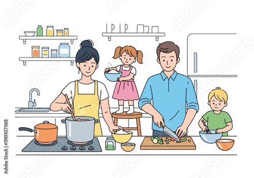Family cooking together in kitchen.