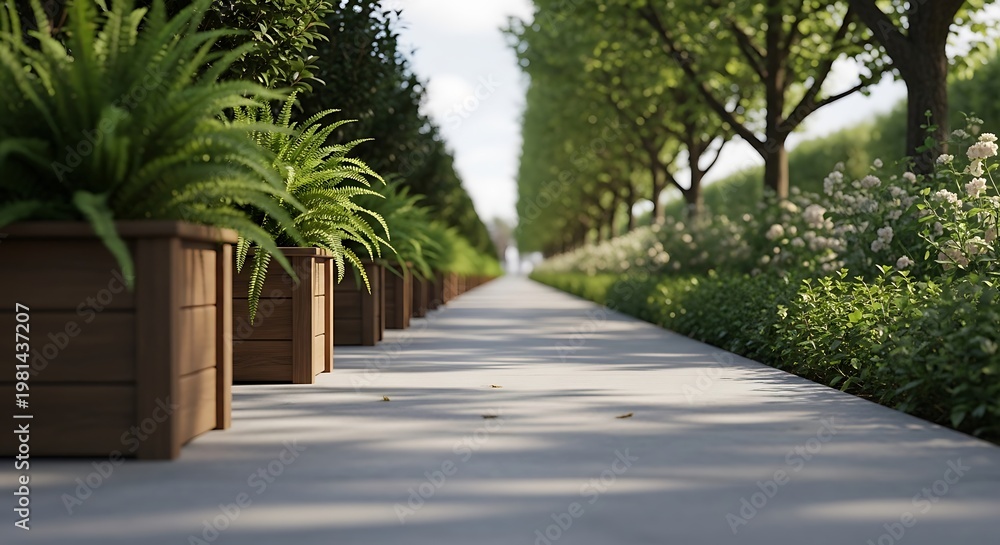 Fototapeta premium Concrete pathway bordered by wooden planters with lush greenery and rows of trees in background