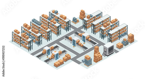 Isometric illustration of a logistics warehouse with conveyor belts and stacked boxes