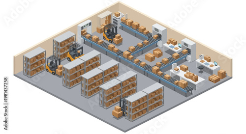 Isometric illustration Modern automated warehouse logistics with forklifts and conveyor belts. Efficient product sorting, packing, and distribution for supply chain optimization